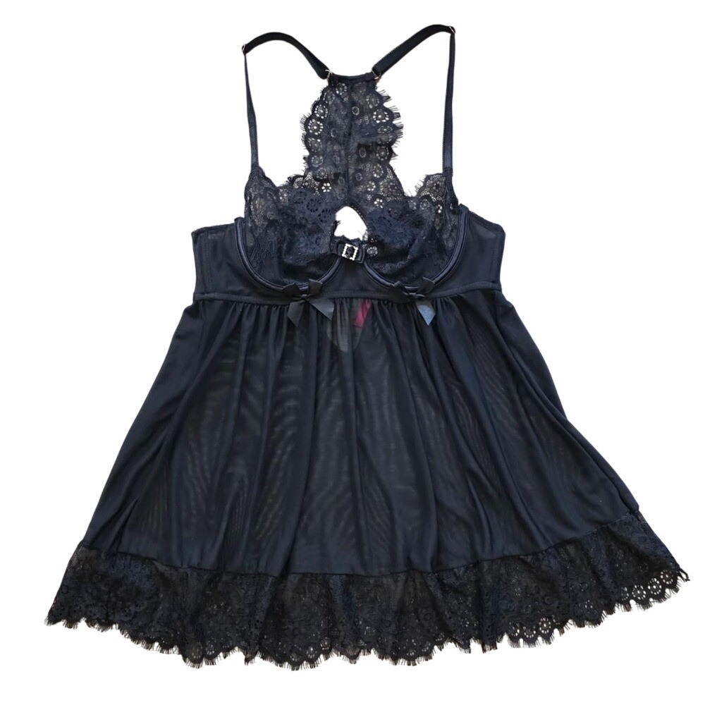 Coquette Black Lace Mesh Babydoll Lingerie Eyelash Trim By Seven til Midnight M